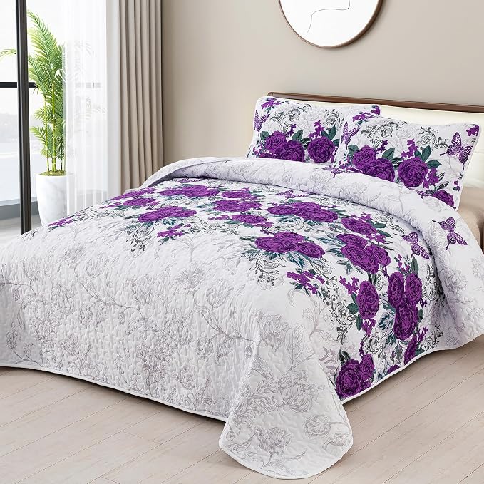 Yiran Purple Floral Quilt Set Queen Size, Rose Flowers Quilt Bedding Set | 3 - Image 2