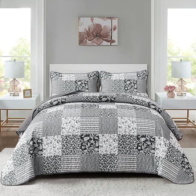 Mybedsoul Black Grey Boho Quilt Set Twin Size Dorm Bedding, 2 Pieces Plaid by Mybedsoul