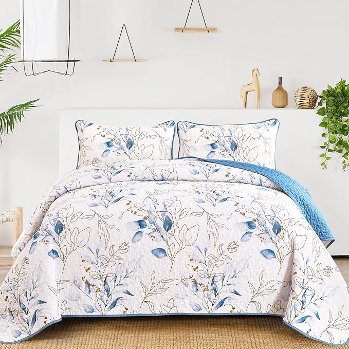 Anibedding Twin Quilt Set, 2 Pieces Blue Botanical Bedspread Bedding Set | Soft by Anibedding