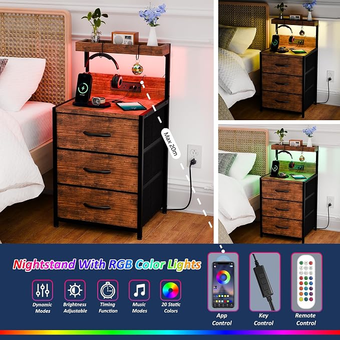 SZLHANJZ Nightstands Set of 2, LED Light and Charging Station, 3 Drawers | - Image 6