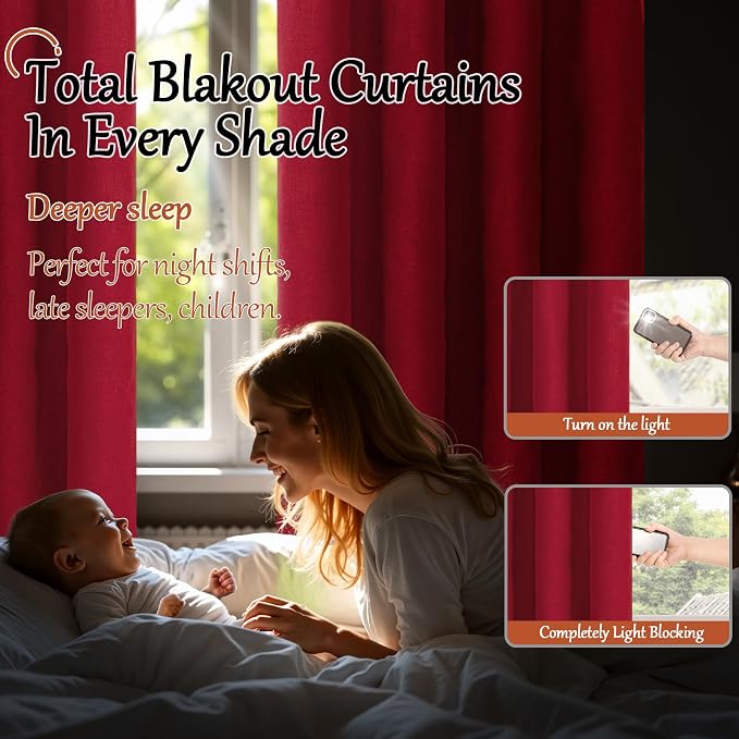 Linen Blackout Curtains 63 Inches Long 2 Panels Each 52 Wide Red | Thermal - Image 3