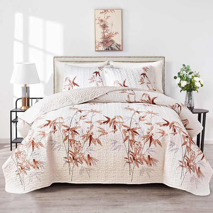 Botanical Quilt Set 3 Piece Full/Queen, Burnt Orange Leaves on White Design by Flysheep
