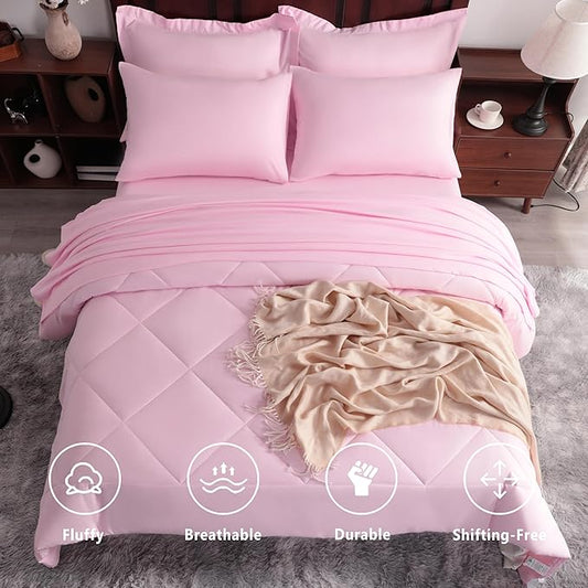 NTBAY King Comforter Set with Sheets, 7 Pieces Soft and Breathable King Bedding Set, Bed in a Bag, Down Alternative Comforter Set Solid Color All Season, King Bedding Set, Pink