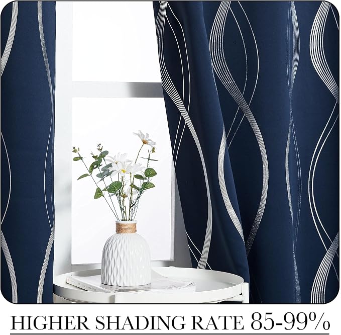 NICETOWN Navy Blue Blackout Curtain Panels 84 inches Long | Foil Printed - Image 4