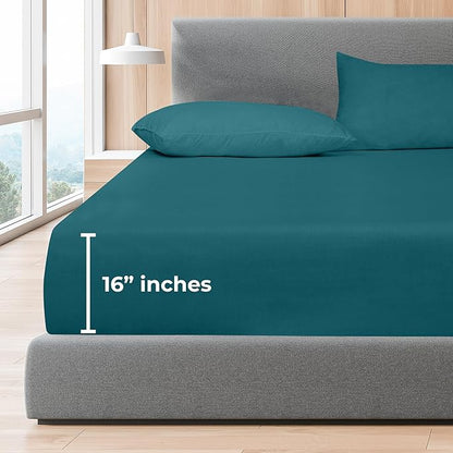 ROYALE LINENS 300 Thread Count 100% Long Staple Combed Cotton Fitted Sheet Queen - Super Soft Deep Pocket Bottom Sheet - Fitted Sheets Only - Elastic Sheets (Queen, Teal)