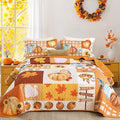 WONGS BEDDING Fall Thanksgiving King Quilt, Pumpkin Maple Leaves Bedspread | by WONGSBEDDING