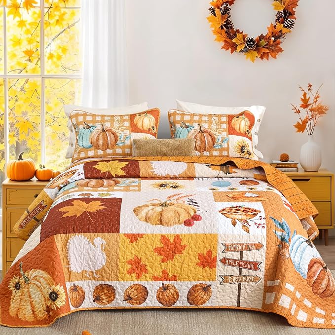 WONGS BEDDING Fall Thanksgiving King Quilt, Pumpkin Maple Leaves Bedspread | by WONGSBEDDING