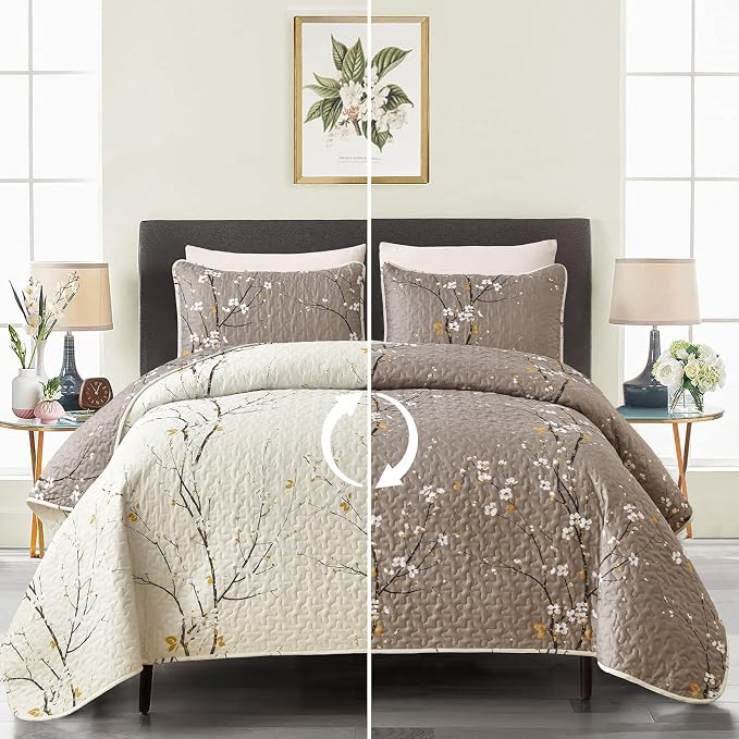 DJY Quilt Set Queen Size, Branch Botanical Bedspread Coverlet, Tan &Cream | by HOME