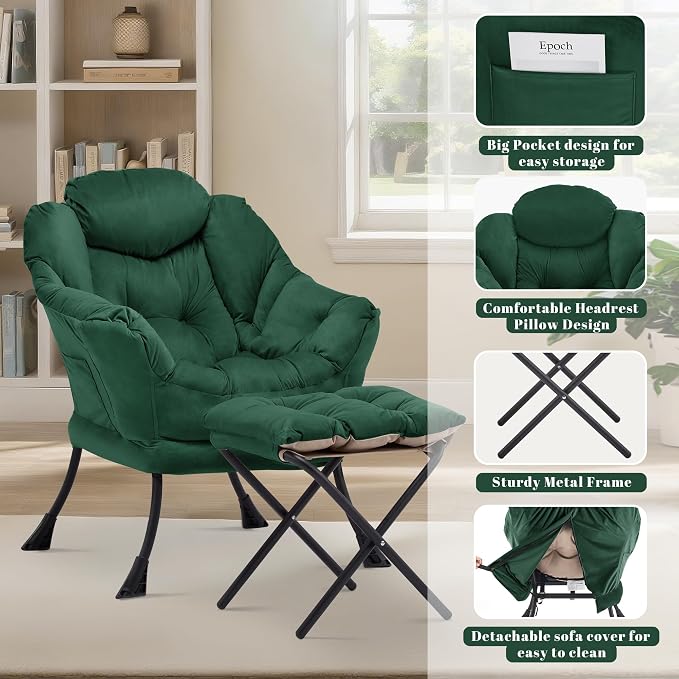 Lazy Chair with Ottoman, Comfy Reading Chair, Emerald Green | Cushioned Seat - Image 6