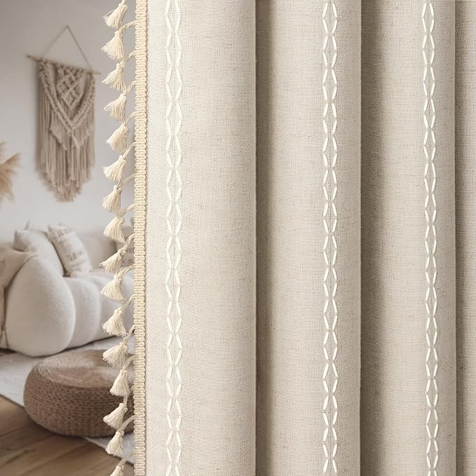 Boho 100% Blackout Curtains 90 Inch 2 Panels Linen Blend Beige | Vintage - Image 9