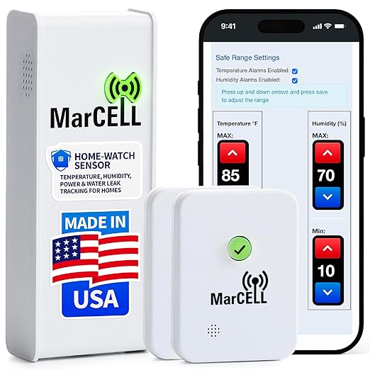 MarCELL Home/Cottage Watch Bundle (Verizon) - Vacation Home Temperature Monitor, Humidity & Power Monitor - Made in The USA with Included Water Leak Detectors (sPucks) - 24/7 Instant Alerts