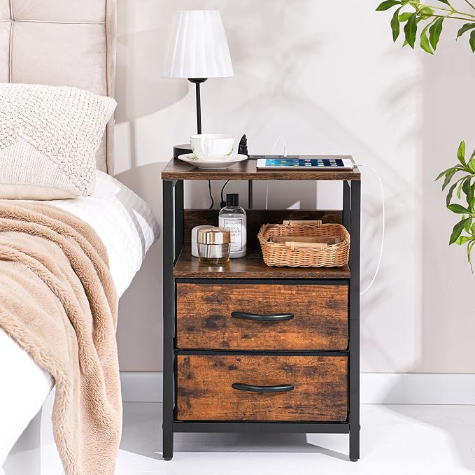 Yoobure Nightstand with Charging Station, LED Night Stand with Fabric Drawers - Image 9