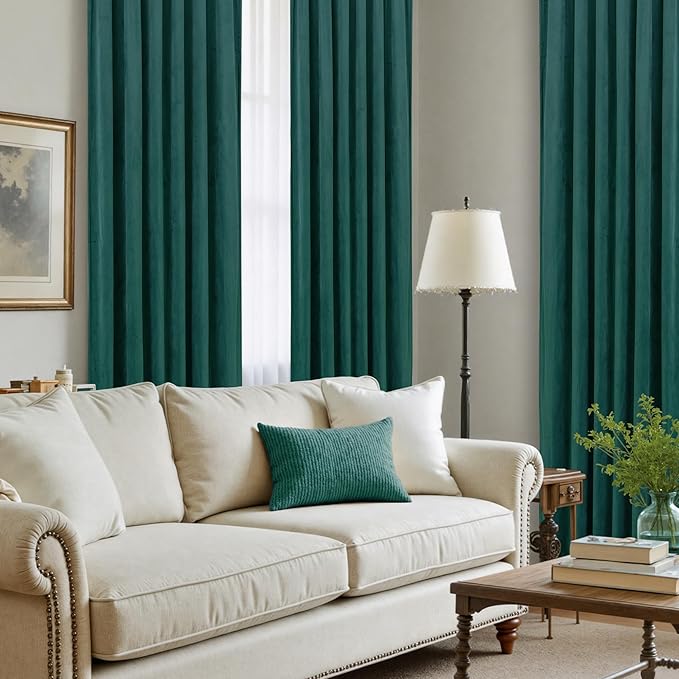 LAMIT Teal Velvet Curtains 120 Inch Length for Living Room, Thermal Insulated Room Darkening Drapes Luxury Privacy Protected Back Tab and Rod Pocket Panels for French Door, 2 Panels, 52 x 120 Inch