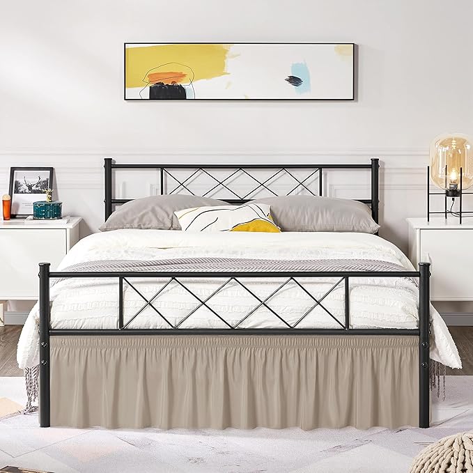 Biscaynebay Wrap Around Bed Skirts with Split Corners for Full Beds 15" Drop, Light Camel Adjustable Elastic Dust Ruffles Easy Fit Wrinkle Resistant Silky Luxurious Fabric Machine Washable