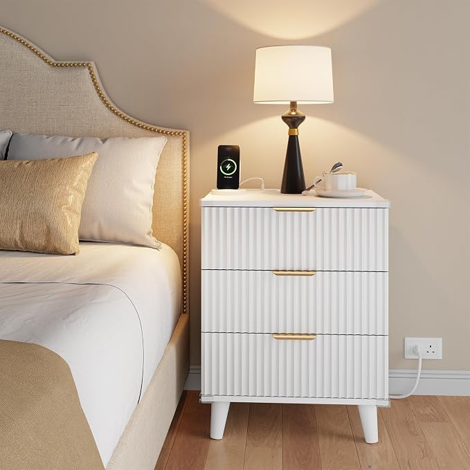 Wood Bedside Table w/Charging Station, 3 Drawers Fluted Dresser | White - Image 2