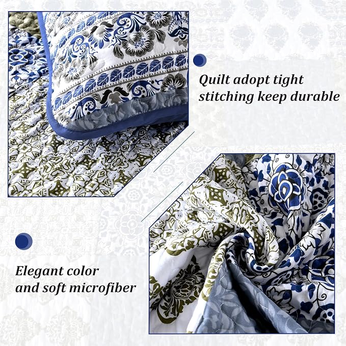 Mybedsoul Aqua Blue Quilt Set King Size, 3 Pieces Boho Plaid Bedspread Set | - Image 5