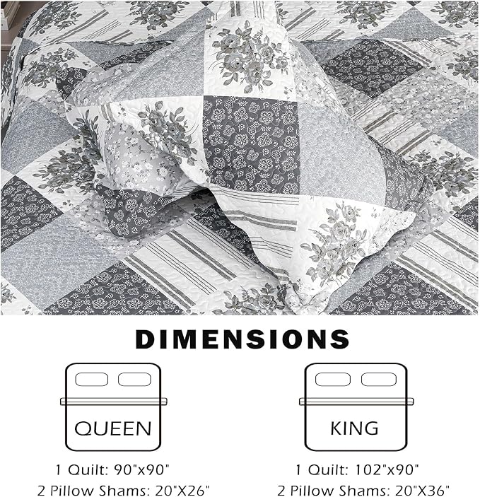 Cmfshape Summer Floral Queen Bedspread, Romantic Grey Quilt Set Full, - Image 5