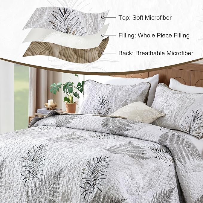 DJY Queen Size Brown Quilt Set, 3 Piece Reversible Leaves Bedding Set | Soft - Image 2