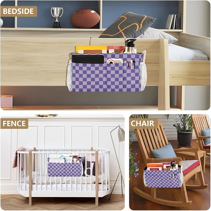Purple Checkerboard Print Bedside Caddy Storage Bag Bedside Organizer - Image 8