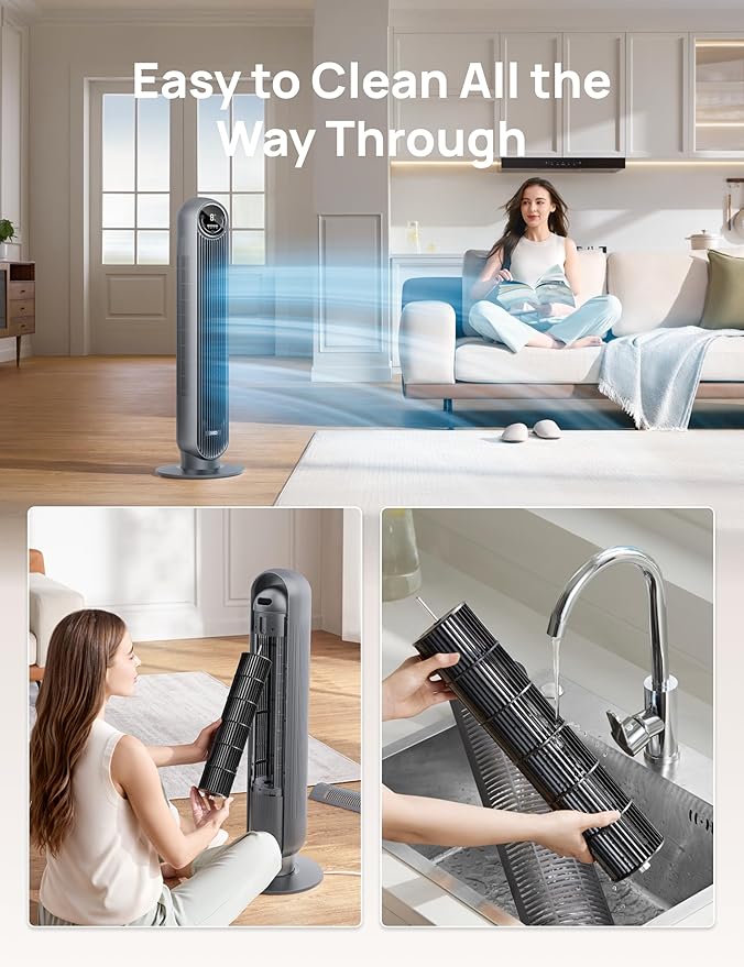 Dreo Tower Fan for Bedroom, 25ft/s Velocity Quiet Floor Fan, 90° Oscillating Fans for Indoors with 4 Speeds, 4 Modes, 8H Timer, Bladeless Fan, Standing Fans, Grey, Nomad One (DR-HTF007)