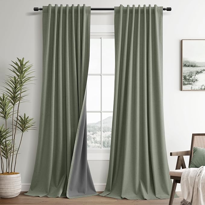 Sage Green 100% Blackout Linen Curtains by Guken