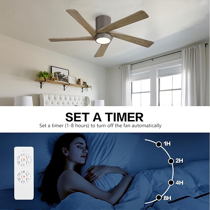 WINGBO 48 Inch Flush Mount DC Ceiling Fan with Lights and Remote, 5 Reversible Carved Wood Blades, 6-Speed Noiseless DC Motor, Hugger Ceiling Fan in Graphite Finish with Gray Blades, ETL Listed