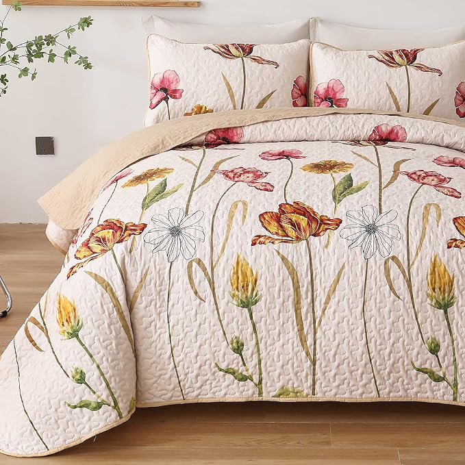 WONGS BEDDING Floral Quilt Set King Size, 3 Pieces Beige Bedspread | Chic - Image 6