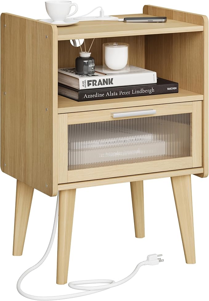 MMEOLUOOK Nightstand with Charging Station, Bedside Tables with Glass by MMEOLUOOK