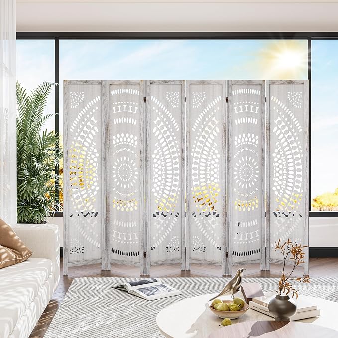WelFurGeer Handcrafted Carved Wooden Room Divider Screen, Folding Privacy Screen - Image 7