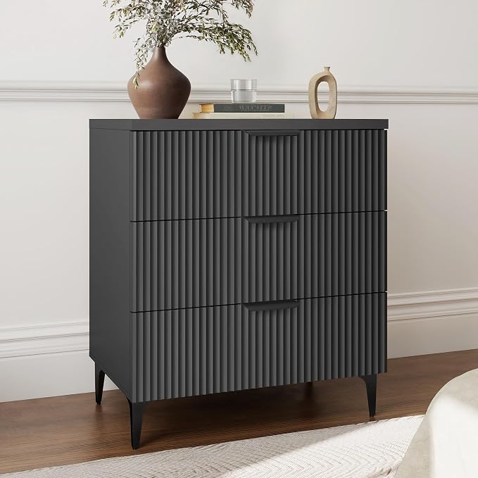 25.6" W Black Fluted Nightstand by SUNWAVEHOME