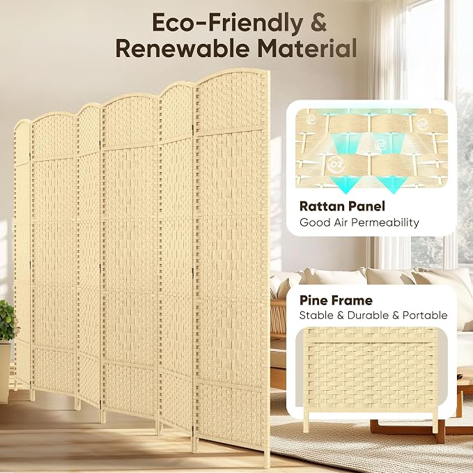Rattan Room Divider, 6-Panel Folding Privacy Screen 6ft. Extra Wide | Double - Image 3