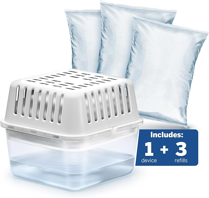 HUMYDRY Moisture Absorber Dehumidifier for Home, Compact Pack of 1 Device of 8.8 Oz With 3 Pre Measured Refills, Fragrance Free Humidity Absorber For Closets Bathroom Bedroom, Ideal For Small Spaces