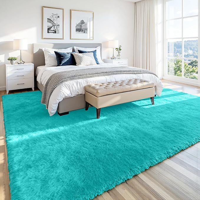 8x10 Fluffy Area Rug for Living Room: Non-Slip Turquoise Bedroom Carpet | Ultra - Image 3