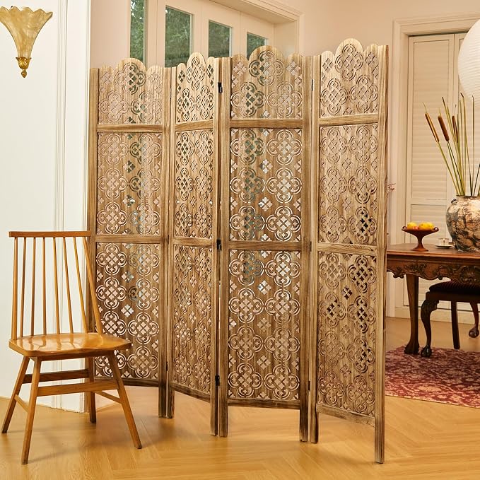 68.9Inch Folding Room Divider, 4 Panels Wood Carved Privacy Screens - Image 2