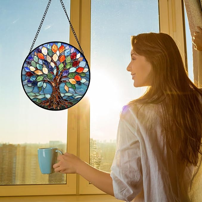 Stained Glass Window Hanging, Colorful Tree of Life Sun Catchers Glass Panel Blue Suncatcher Decor for Birthday for Women, Men, Wife, Aunt, and Mom 6.3 in