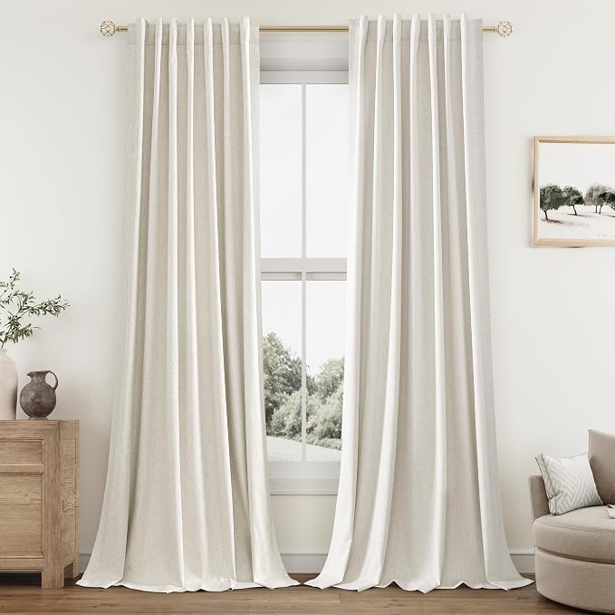 100% Blackout Linen Curtains for Bedroom 86 Inches Long Natural Cream Black Out by Guken