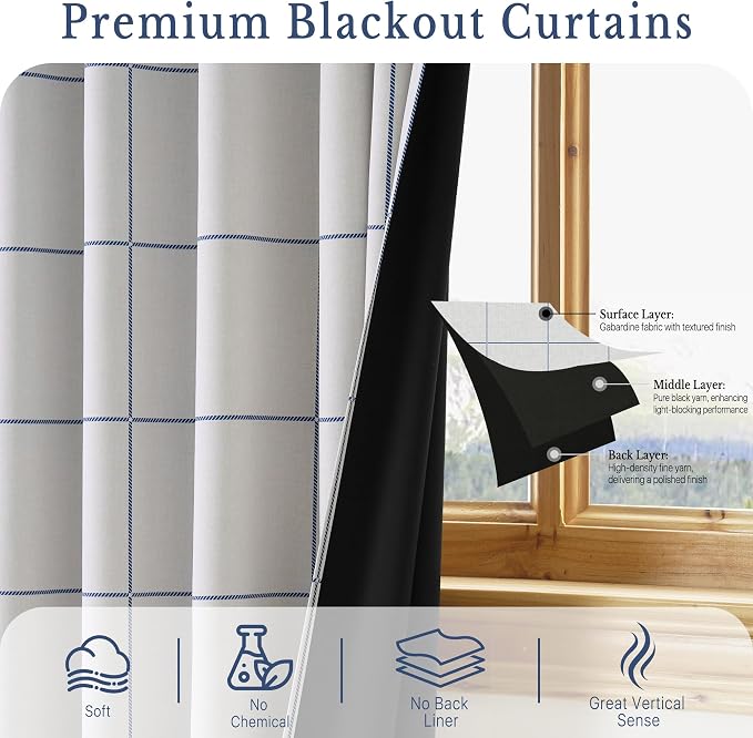 NICETOWN 100% Blackout Navy Blue Plaid Curtains, 2 Panels, W52xL96 | Rod Pocket - Image 3