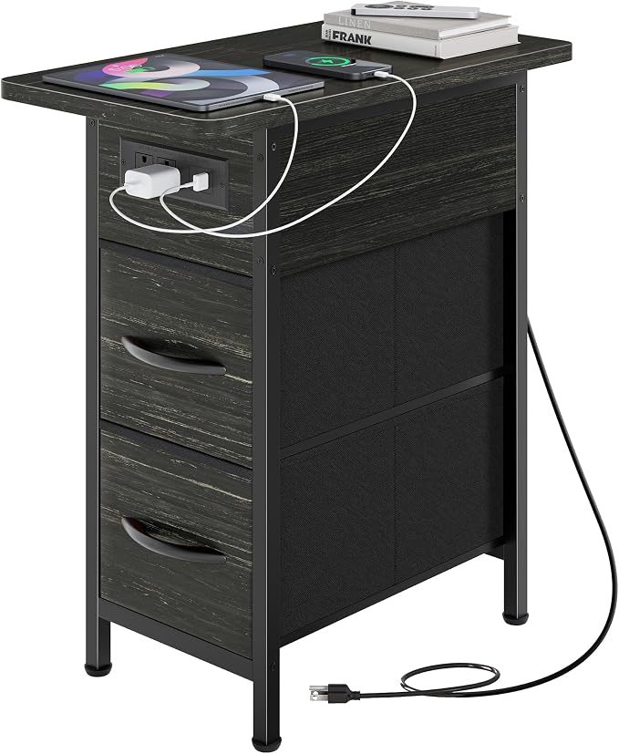 Huuger Narrow End Table with Charging Station, Side Table with 2 Drawers | Slim by Huuger