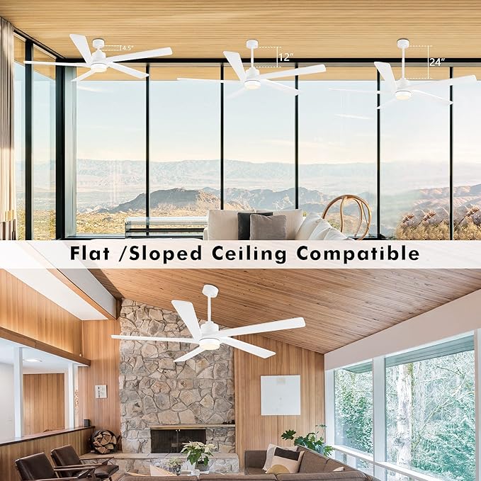 WINGBO 72 Inch DC Ceiling Fan with Lights and 3 Downrods, 5 Reversible Carved Wood Blades, 6-Speed Noiseless DC Motor, Modern Ceiling Fan in White Finish, ETL Listed