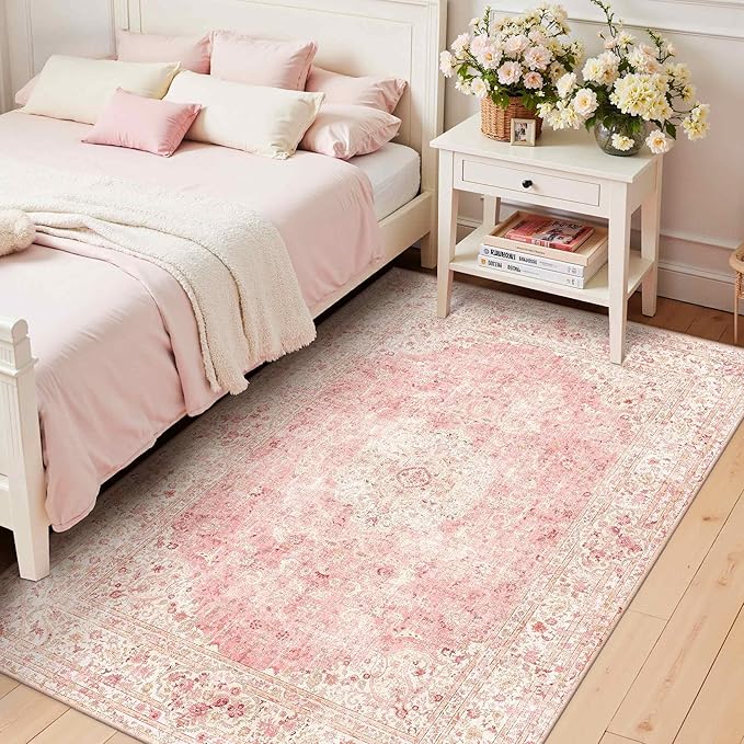 Latte&Fog 3x5 Entryway Pink Area Rugs, Vintage Floral Washable Rugs | - Image 4