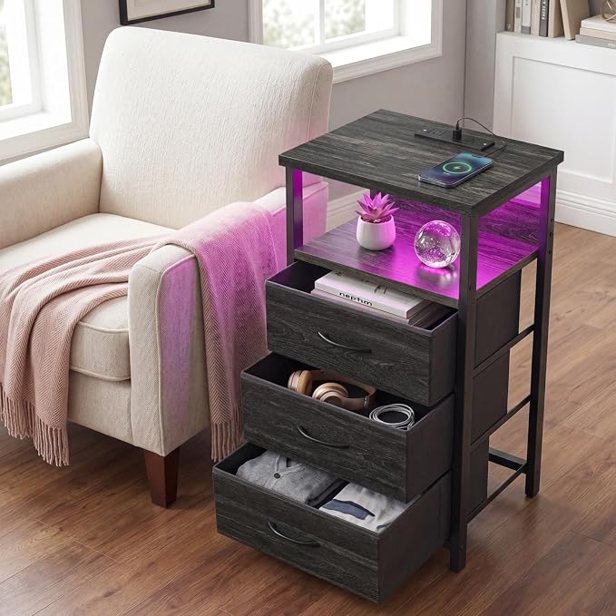 Fixwal Night Stand with 3 Fabric Drawers, Nightstand with Charging Station | - Image 6