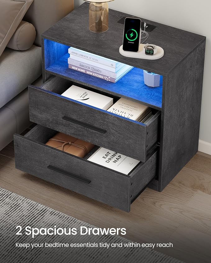 VASAGLE 23.6 Nightstands, LED Lights, Charging Station, 2 Drawers | LED Lights - Image 6