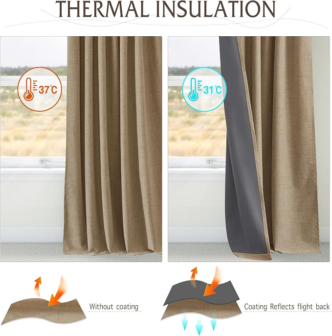 RYB HOME Pinch Pleated Back Tab Curtains Linen Textured 100% Blackout Curtains - Image 5