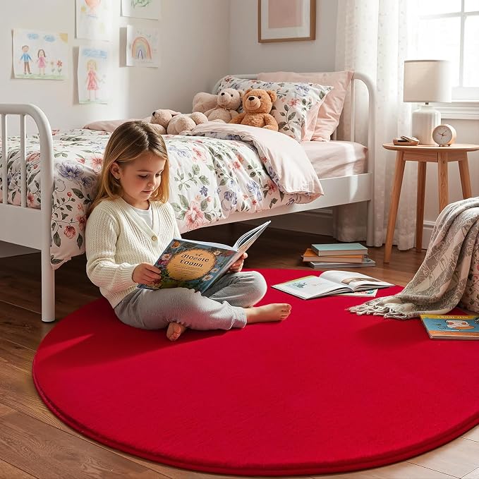 Red Round Area Rug 4ft Washable Circle Rugs - Image 4