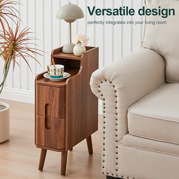 Narrow Nightstand Set of 2, Wood 2 Drawer Small Nightstand, Slim Side Table - Image 4