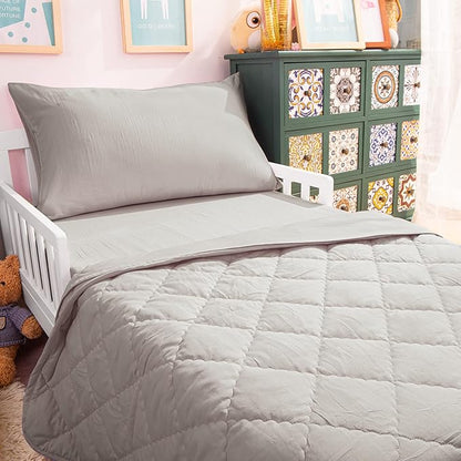 NTBAY Toddler Bedding Set - 4 Piece Soft and Breathable Crib Bedding Set for Boys and Girls, Includes Quilted Comforter, Fitted Sheet, Flat Top Sheet and Envelope Pillowcase, Smoke Grey