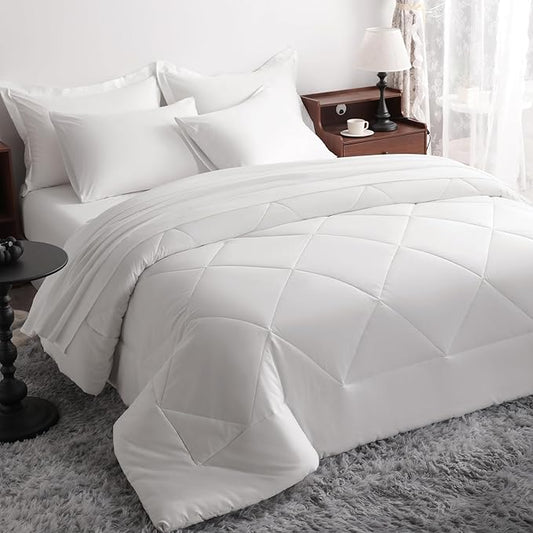 NTBAY King Comforter Set with Sheets, 7 Pieces Soft and Breathable King Bedding Set, Bed in a Bag, Down Alternative Comforter Set Solid Color All Season, King Bedding Set, White