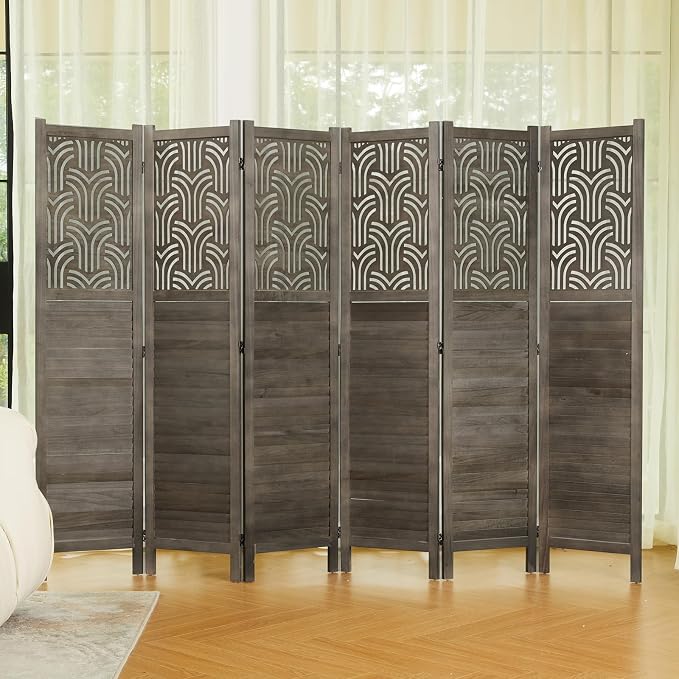 Svimi Folding Room Divider, 66.9 Inch 6 Panels Wood Carved Privacy Screens - Image 7