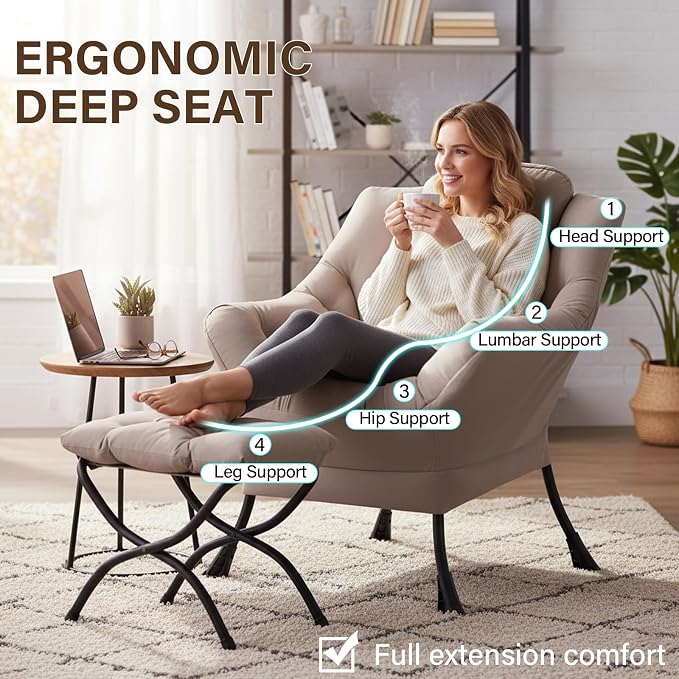 Welnow Lazy Chair with Ottoman, Reading Chair with Footrest，Khaki | A Side - Image 4