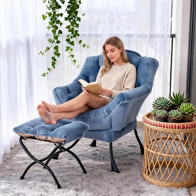 Welnow Lazy Chair with Ottoman, Reading Chair with Footrest, Plush Light Blue | - Image 9